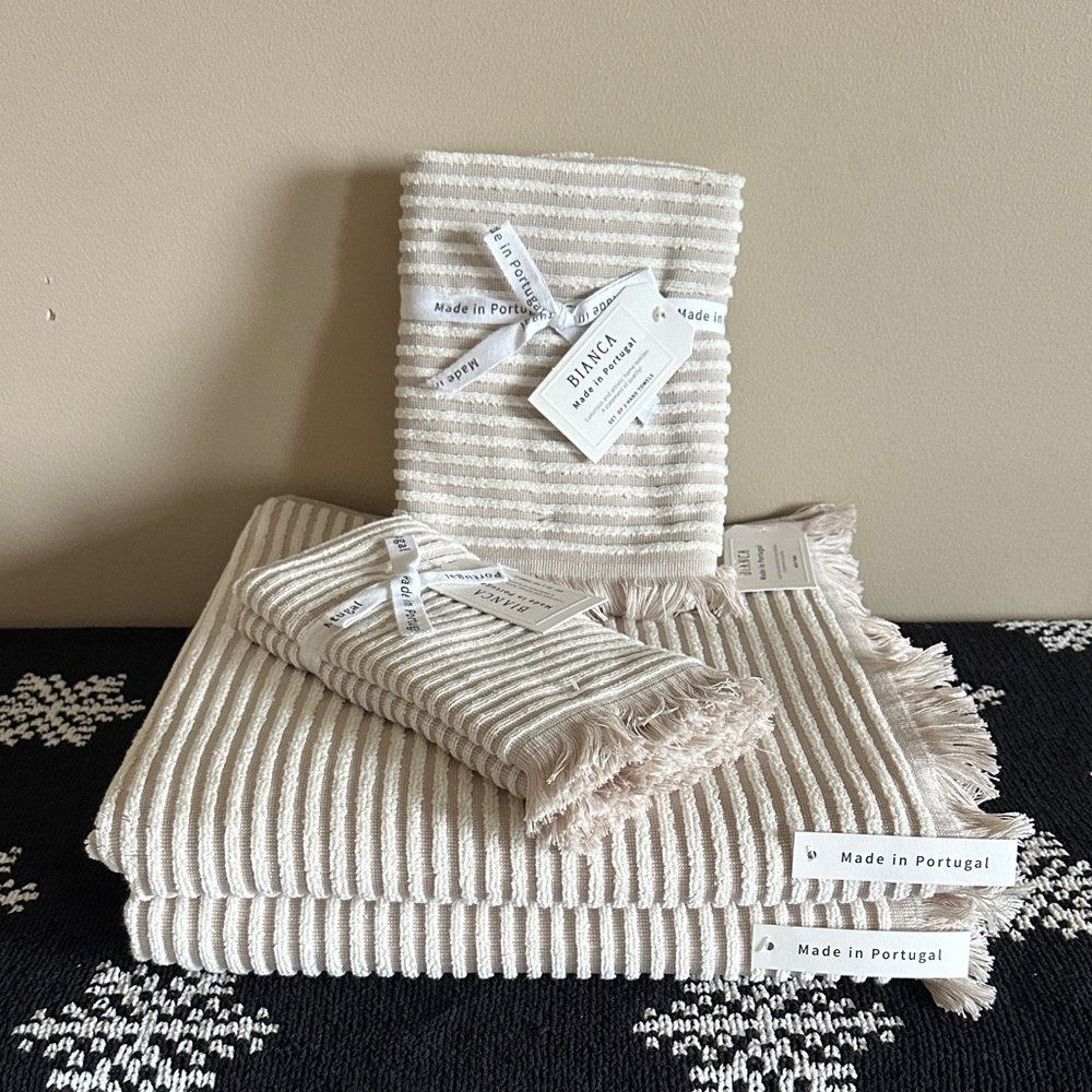 Bianca Made In Portugal Bath Towels Hand & Tip Beige Ivory Stripe NEW!